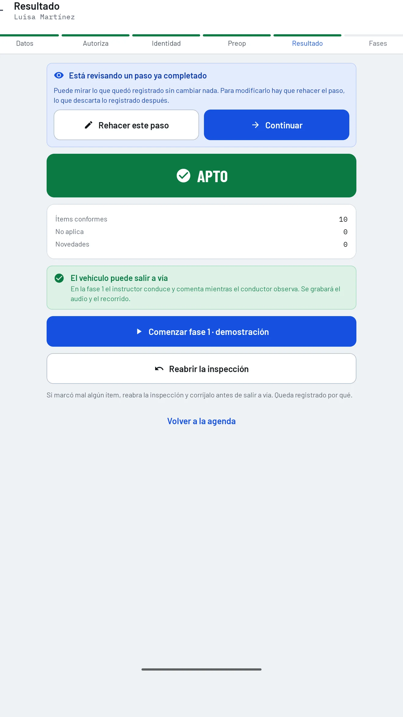 Resultado registrado en la aplicación